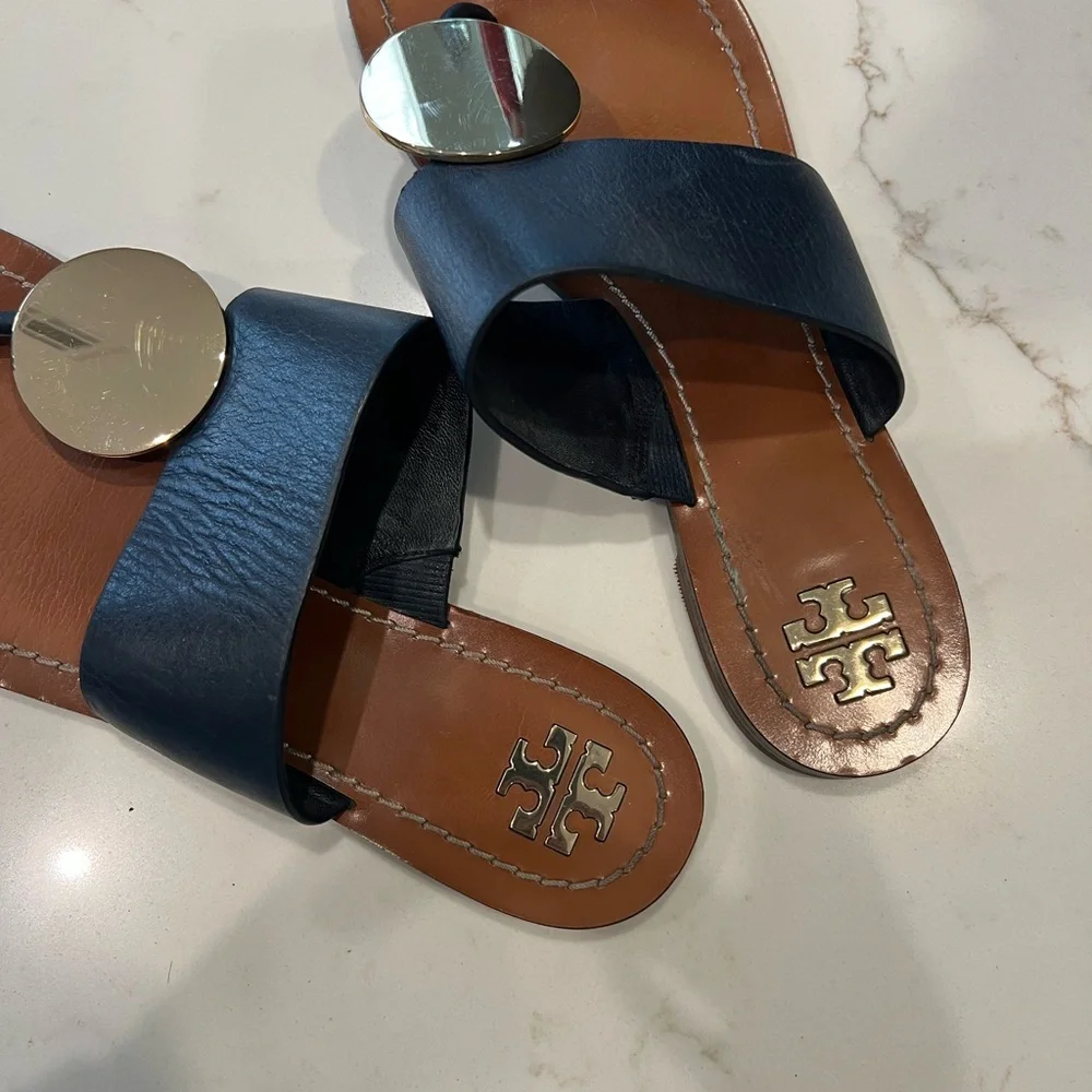 Tory Burch Navy Blue Sandals with Gold Accents size 7.5 - Picture 3 of 5